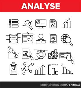 Analysing Data Vector Thin Line Icons Set. Information Analysis Charts, Diagrams Linear Pictograms. Statistical Reports, Presentations, Analytical Thinking. Science and Research Contour Illustrations. Analysing Data Vector Thin Line Icons Set
