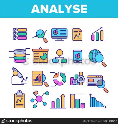 Analysing Data Vector Thin Line Icons Set. Information Analysis Charts, Diagrams Linear Pictograms. Statistical Reports, Presentations, Analytical Thinking. Science and Research Contour Illustrations. Analysing Data Vector Color Line Icons Set