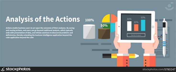 Analysis actions. Concept of businessman using mobile phone for analytics information and process of development in flat design style