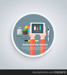 Analysis actions. Concept of businessman using mobile phone for analytics information and process of development in flat design style on round banner. Analysis Actions Concept on Round Banner