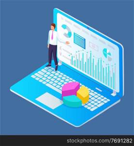 Analysis and planning, teamwork consulting business concept for project management, financial reporting and strategy. Small businessman standing on laptop doing digital analysis charts and graphs. Analysis and planning, teamwork consulting business concept for project management, financial report