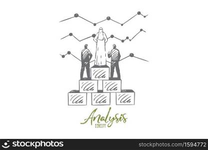 Analysis concept sketch. Business partnership, arab businessman and colleagues teamwork, data analysts studying stock market statistics, financial audit banner. Isolated vector illustration. Analysis concept sketch. Isolated vector illustration