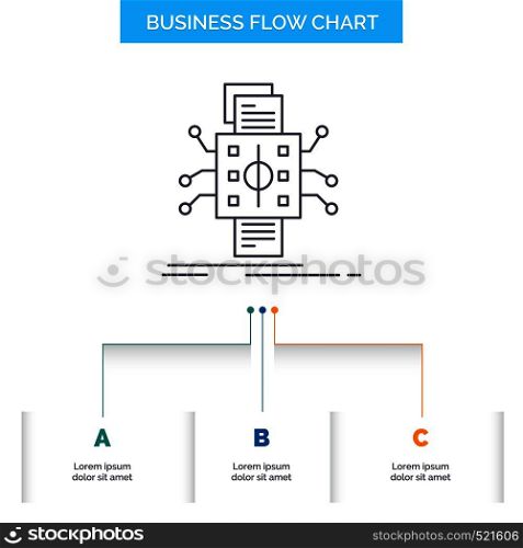 Analysis, data, datum, processing, reporting Business Flow Chart Design with 3 Steps. Line Icon For Presentation Background Template Place for text. Vector EPS10 Abstract Template background