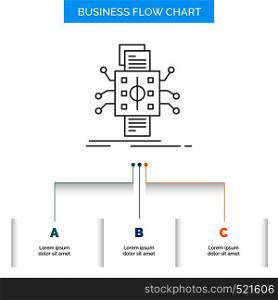Analysis, data, datum, processing, reporting Business Flow Chart Design with 3 Steps. Line Icon For Presentation Background Template Place for text. Vector EPS10 Abstract Template background