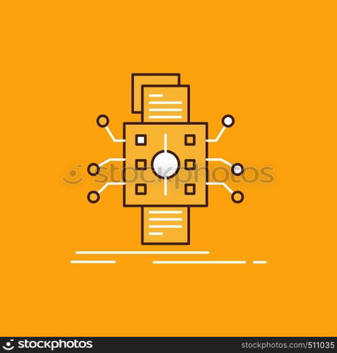 Analysis, data, datum, processing, reporting Flat Line Filled Icon. Beautiful Logo button over yellow background for UI and UX, website or mobile application. Vector EPS10 Abstract Template background