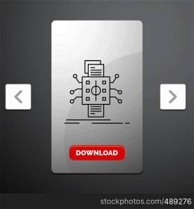 Analysis, data, datum, processing, reporting Line Icon in Carousal Pagination Slider Design & Red Download Button. Vector EPS10 Abstract Template background