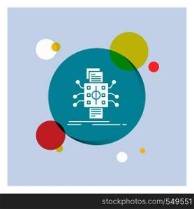 Analysis, data, datum, processing, reporting White Glyph Icon colorful Circle Background. Vector EPS10 Abstract Template background