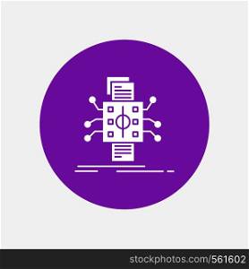 Analysis, data, datum, processing, reporting White Glyph Icon in Circle. Vector Button illustration. Vector EPS10 Abstract Template background