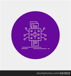 Analysis, data, datum, processing, reporting White Line Icon in Circle background. vector icon illustration. Vector EPS10 Abstract Template background