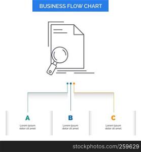 Analysis, document, file, find, page Business Flow Chart Design with 3 Steps. Line Icon For Presentation Background Template Place for text