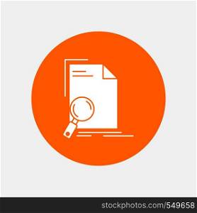 Analysis, document, file, find, page White Glyph Icon in Circle. Vector Button illustration. Vector EPS10 Abstract Template background