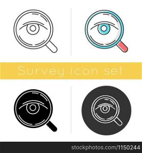 Analysis icon. Public opinion. Research. Consumer review. Customer satisfaction. Feedback. Evaluation. Observation. Glyph design, linear, chalk and color styles. Isolated vector illustrations