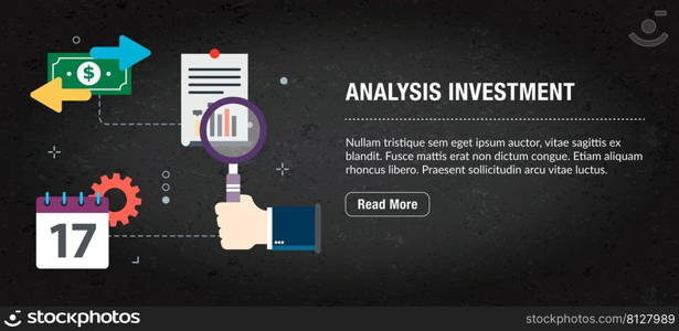 Analysis investment concept banner internet with icons in vector. Web banner template for website, banner internet for mobile design and social media.Business and communication layout with icons.