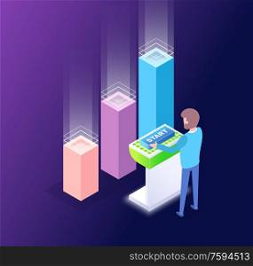 Analysis of business startup vector, man standing with infocharts and infographics worker with structural information 3d isometric male isolated. Working Man Dealing with Statistics Analyzing