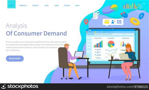 Analysis of consumer demand landing page template. Workers with laptop discuss statistical indicators, analyze sales charts and graphs, make plan to attract customers, contact center webpage. Analysis of consumer demand landing page template workers with laptop discuss statistical indicators