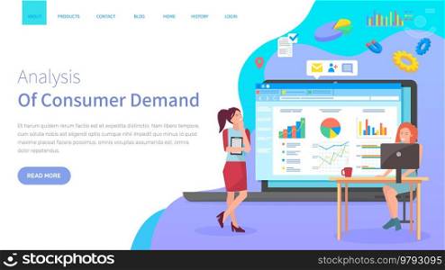 Analysis of consumer demand website concept. Workers discuss statistical indicators, analyze sales charts and graphs, make plan to attract customers. Webpage template, landing page in flat style. Analysis of consumer demand, workers discuss statistical indicators, analyze sales charts and graphs