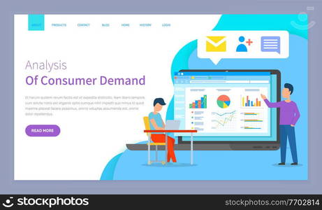 Analysis of consumer demand website vector. Workers with laptop discuss statistical indicators, analyze sales charts and graphs, make a plan to attract customers. Webpage template, landing page. Analysis of consumer demand website vector. Workers with laptop discuss statistical indicators