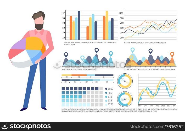 Analysis of data, visualized information vector. Schema and explanation, man with pie diagram and colored segments, graphics and infocharts info set. Businessman Holding Pie Diagram, Infocharts Set