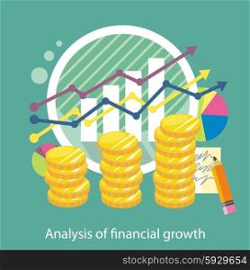 Analysis of financial growth. Concept with text. Piles of gold coins on the background of arrows and columns chart. Icons for web design, analytics, graphic design and in flat design