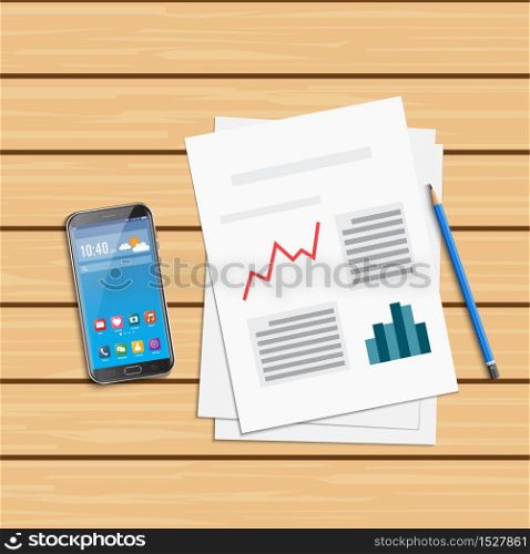 Analysis of statistical data and smartphone. Research optimization financial infographic, business analytics illustration