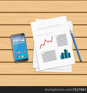 Analysis of statistical data and smartphone. Research optimization financial infographic, business analytics illustration