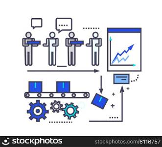 Analysis of the production of flat style icon. Industry development, management and research, idea technology, process and product, progress illustration. Thin, line, outline icons