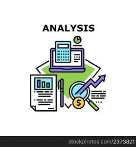 Analysis Report Vector Icon Concept. Accountant Analysis Report, Calculating Income And Expenses On Calculator Device, Entrepreneur Research And Analyzing Sales Infographic Color Illustration. Analysis Report Vector Concept Color Illustration