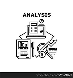 Analysis Report Vector Icon Concept. Accountant Analysis Report, Calculating Income And Expenses On Calculator Device, Entrepreneur Research And Analyzing Sales Infographic Black Illustration. Analysis Report Vector Concept Black Illustration
