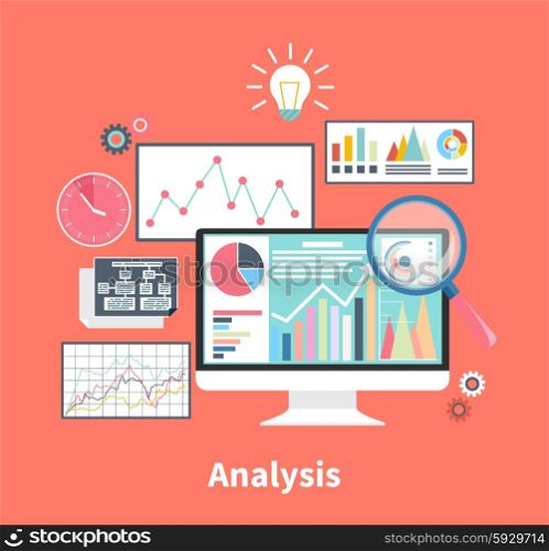 Analysis Stock Exchange Rates on Monitors. Analysis concept in flat style. Price movement. Stock exchange rates on monitors. Profit graph for diagram. Electronic stock numbers. Profit gain. Business stock exchange. Live online screen