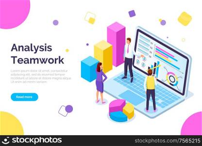 Analysis teamwork, people working together web vector. Male and female with laptop screen and diagrams, schemes and charts info in visual representation. Website template, landing page in flat style. Analysis Teamwork, People Working Together Web