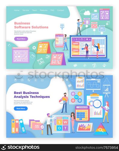 Analysis techniques and business software solutions web page vector. Graphics and laptop, calculator and folders, website or landing page flat style. Business Software or Analysis Techniques Web Pages