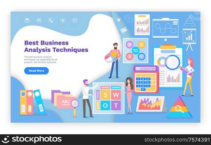 Analysis techniques in business web page or site template vector. Graphics and charts, folders and documents, calculator, landing page flat style. Business Analysis Techniques Web Page or Site