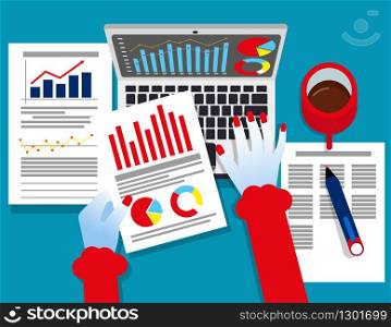 Analyst business. Auditor working on statistical data paper documents. Concept business vector illustration, Report, Spreadsheets, Flat design style, Isolated on blue background.