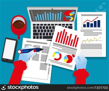 Analyst business. Auditor working on statistical data paper documents. Concept business vector illustration, Report, Spreadsheets, Flat design style, Isolated on blue background.