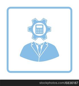 Analyst with gear hed and calculator inside icon. Blue frame design. Vector illustration.