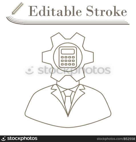 Analyst With Gear Hed And Calculator Inside Icon. Editable Stroke Simple Design. Vector Illustration.