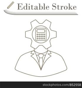 Analyst With Gear Hed And Calculator Inside Icon. Editable Stroke Simple Design. Vector Illustration.