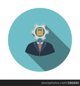 Analyst with gear hed and calculator inside icon. Flat color design. Vector illustration.