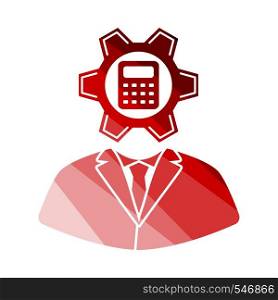 Analyst With Gear Hed And Calculator Inside Icon. Flat Color Ladder Design. Vector Illustration.