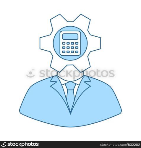 Analyst With Gear Hed And Calculator Inside Icon. Thin Line With Blue Fill Design. Vector Illustration.
