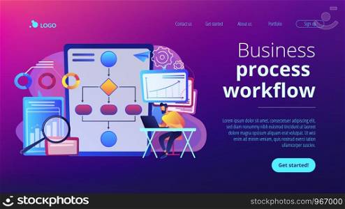 Analyst working at laptop with automation process. Business process automation, business process workflow, automated business system concept. Website vibrant violet landing web page template.. Business process automation BPA concept landing page.