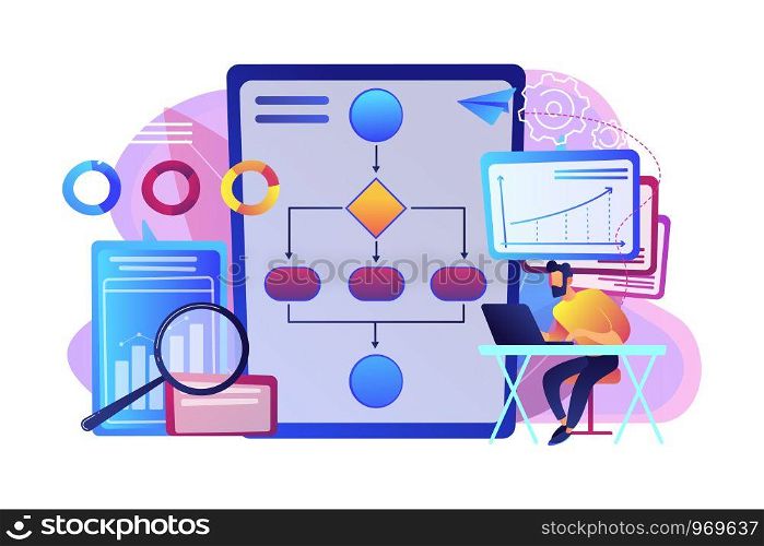 Analyst working at laptop with automation process. Business process automation, business process workflow, automated business system concept. Bright vibrant violet vector isolated illustration. Business process automation BPA concept vector illustration.