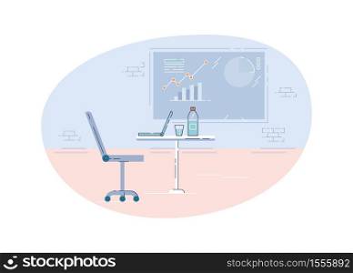 Analyst workplace semi flat vector illustration. Company office 2D cartoon interior for commercial use. Corporate employee, financial accountant workspace with laptop and chart board. Analyst workplace semi flat vector illustration