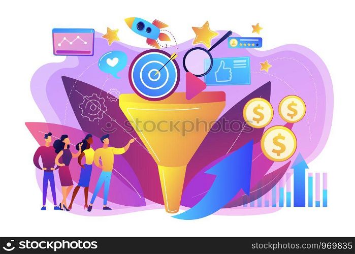Analysts analyzing market. Selling strategy, lead generation. Marketing funnel, product marketing cycle, advertising system control concept. Bright vibrant violet vector isolated illustration. Marketing funnel concept vector illustration.