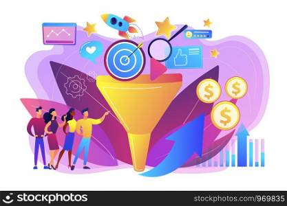 Analysts analyzing market. Selling strategy, lead generation. Marketing funnel, product marketing cycle, advertising system control concept. Bright vibrant violet vector isolated illustration. Marketing funnel concept vector illustration.