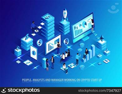 Analysts and managers work on crypto startup. People plan business based on cryptocurrency. Communication development in IT domain vector illustration.. Analysts and Managers Work on Crypto Start Up