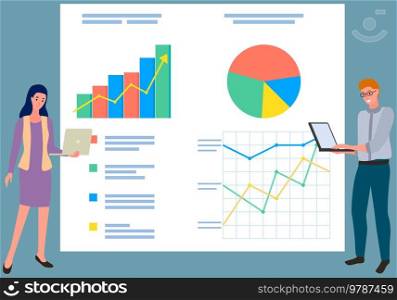 Analysts working concept. Presentation board with data analysis graphs and charts. People work with statistics, business planning, strategy, development. Statistical analytics using technology. People work with statistics, business strategy, development. Presentation board with data analysis