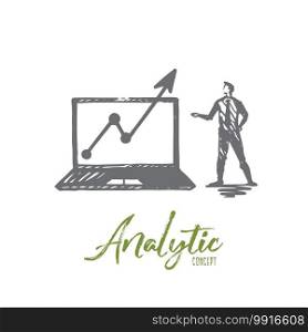 Analytic, chart, growth, business concept. Hand drawn businessman with graph chart concept sketch. Isolated vector illustration.. Analytic, chart, growth, business concept. Hand drawn isolated vector.