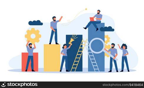 Analytic partnership vector illustration background with man and woman. Development bar chart concept company. Teamwork management cooperation strategy office banner work. Data solution character job