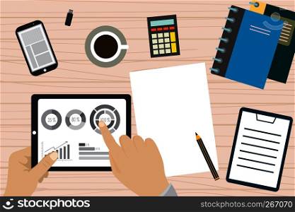 Analytic research mock up, modern electronic and mobile devices. Work desktop top view. Flat vector illustration . Analytic research mock up, modern electronic and mobile devices